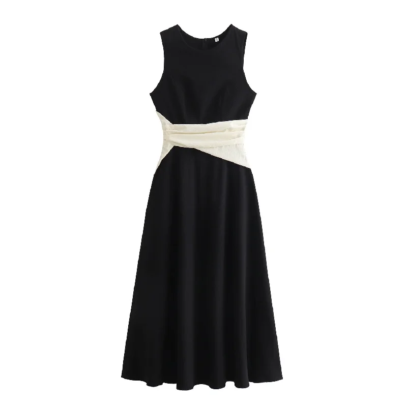 White waisted design black long dress A-Line Day Work