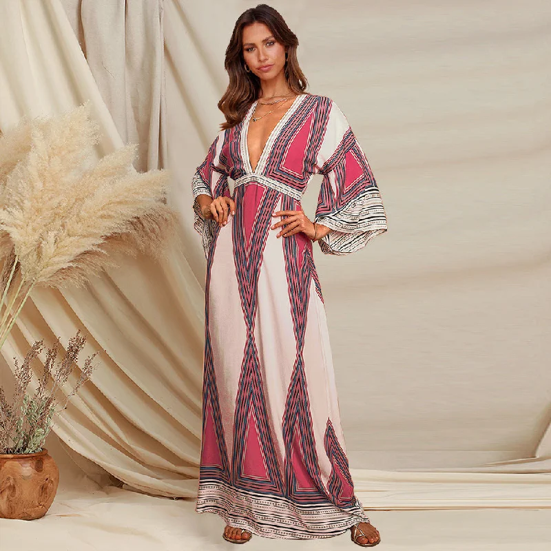 Women Deep Neck Summer Long Dresses Tunics Versatile stylish