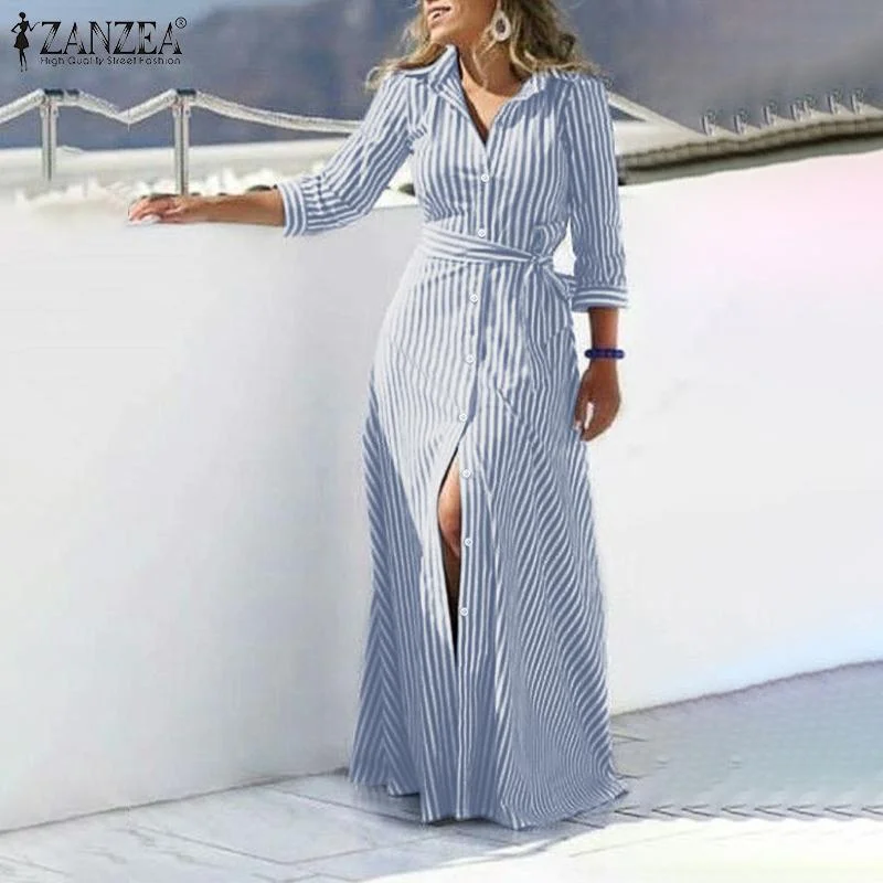 Women Lapel Neck Striped Dress ZANZEA Autumn Long Sleeve Buttons Maxi Long Dress Elegant Shirt Vestidos Femme Sundress Tunics Short Trendy