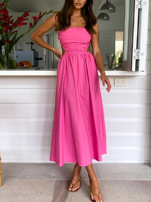 Women Sexy High Waist Hollow Out 2023 Dress Off Shoulder Backless Summer Holiday Beach Long Dress Maxi Lady Sleeveless Dress Crew Neckline Sporty
