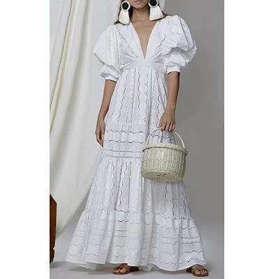 White Short Sleeves Puff Sleeves Long Dresses Tunics Wedding white