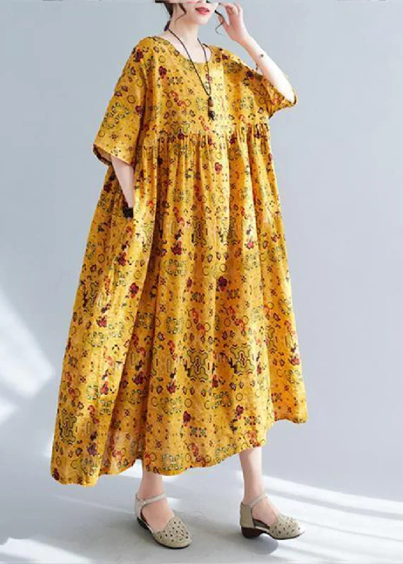 Women Yellow Oversized Print Linen Long Dress Summer Square Neckline Feminine