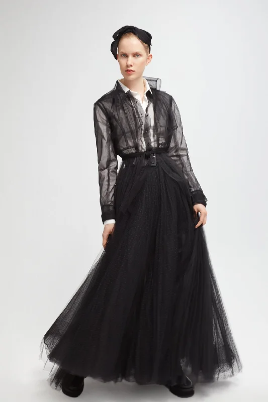 Blouse with skirt and trench coat Elegant Black Wool Trench