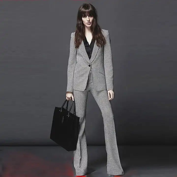 Women's Career Style Single Button Plaid Blazer Flare Pants Suit Sale Fashion Women's Blazer