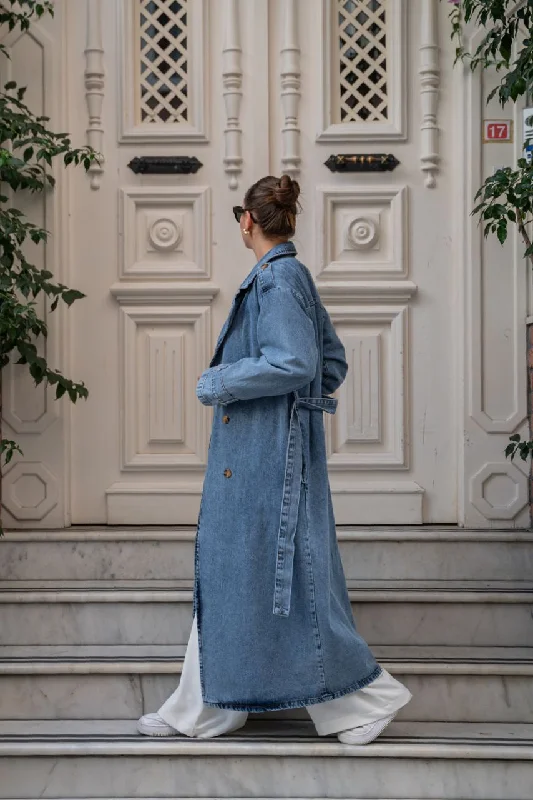 Denim Trench Coat 85074 Casual Button Trench Coat