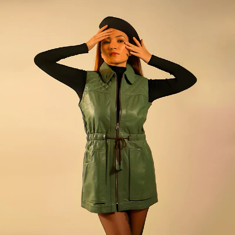90 Feet Rita Teal Leather Trench Coat for Women Trendy Puffer Trench Coat