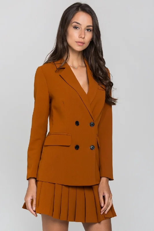 Almond Double Button Blazer and Knife Pleated Skirt Set Women's Pencil Blazer