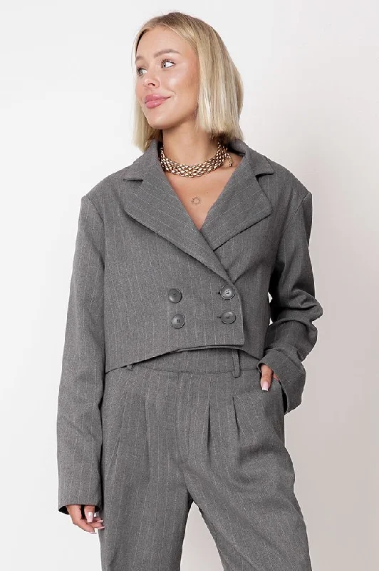 Aspen Cropped Blazer Striped Grey Women's Trendy Jacket