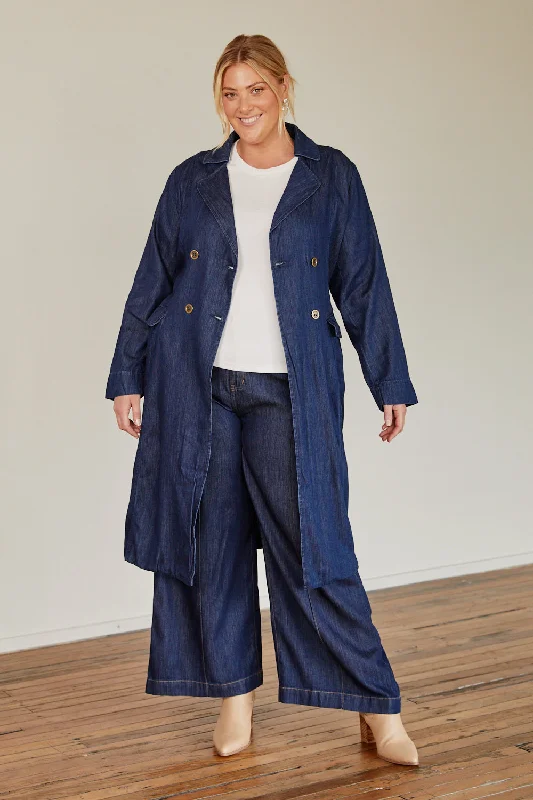 Avalee Long Line Tencel Trench Coat in Dark Wash Fashionable Wide-Leg Trench