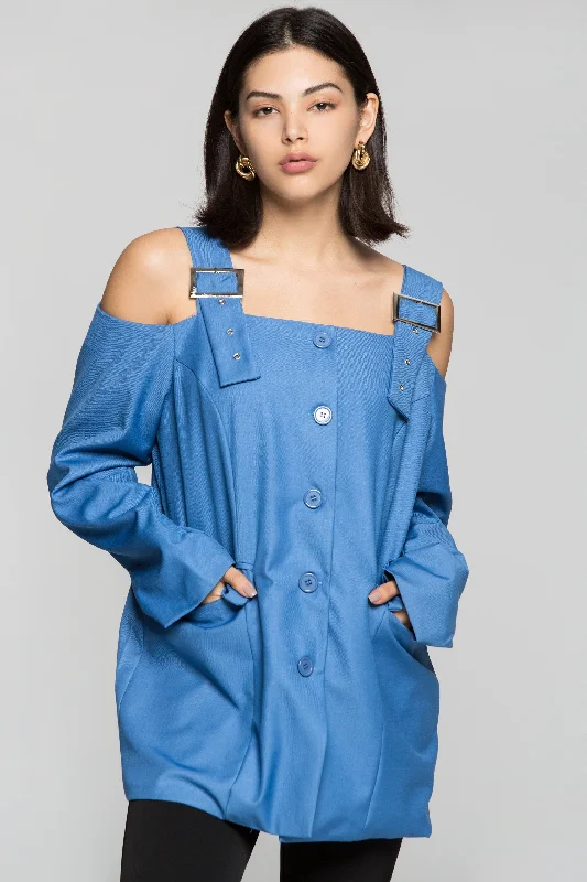 Azure Blue Cold Shoulder Blazer Dress Fashion Women's Blazer