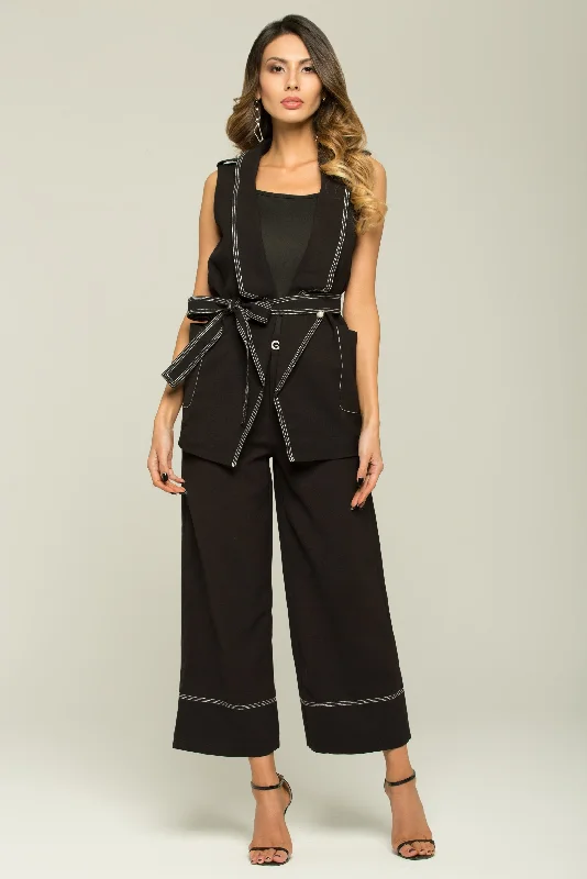 Black and White Trim Sleeveless Blazer and Trousers Set Women's Long Blazer