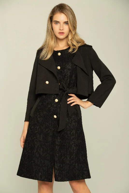 Black Full Sleeves Asymmetrical Cropped Blazer with Little Black Dress Set Women's Plaid Suit