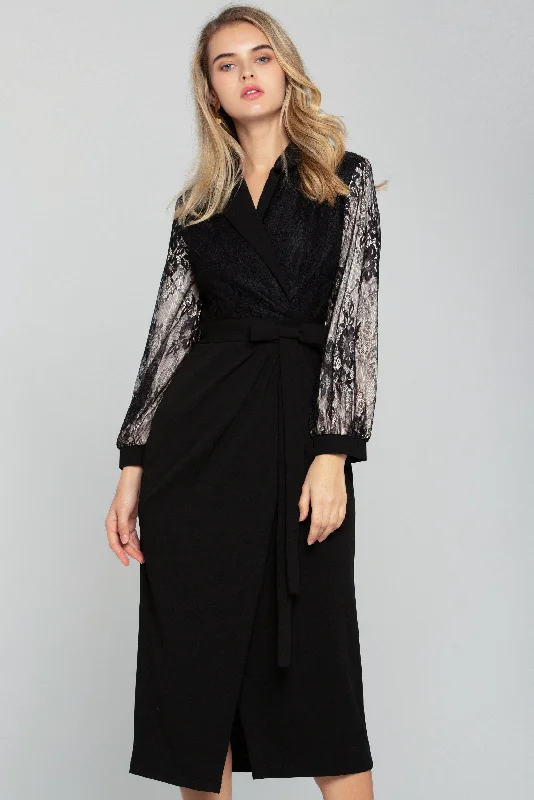 Black Sheer Sleeves Tie-up Blazer Dress Women's Trendy Blazer