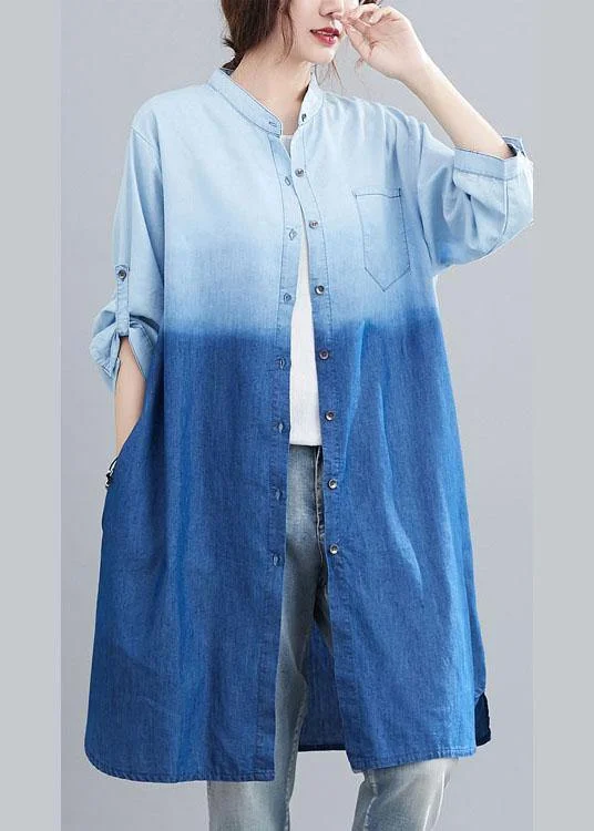 Boho Blue Pockets Button Gradient color Fall Denim Trench Long sleeve Classic Wool Trench Jacket