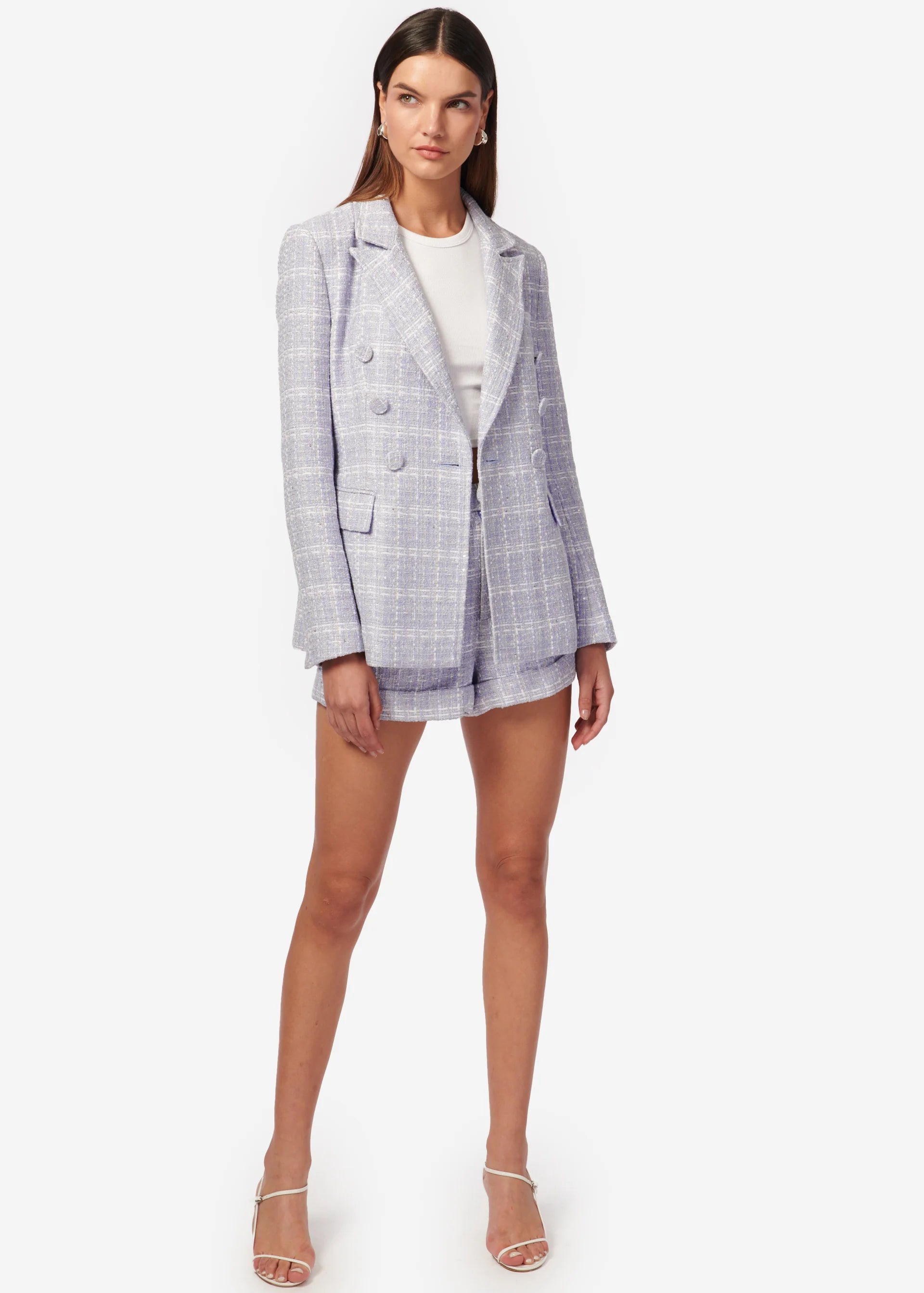 Bruna Tweed Blazer | White/Delphinium Slimming Women's Blazer