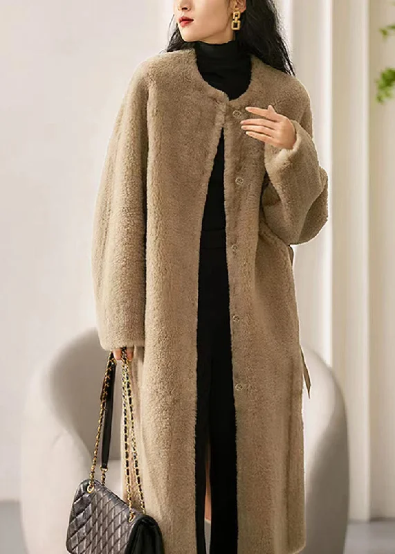 Camel Pockets Patchwork Wool Trench O Neck Button Winter Chic Wool Blend Trench