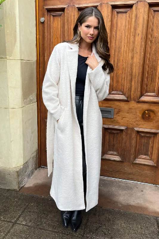 Cream Boucle Tie Belt Longline Trench Coat Fashionable Oversized Trench Coat