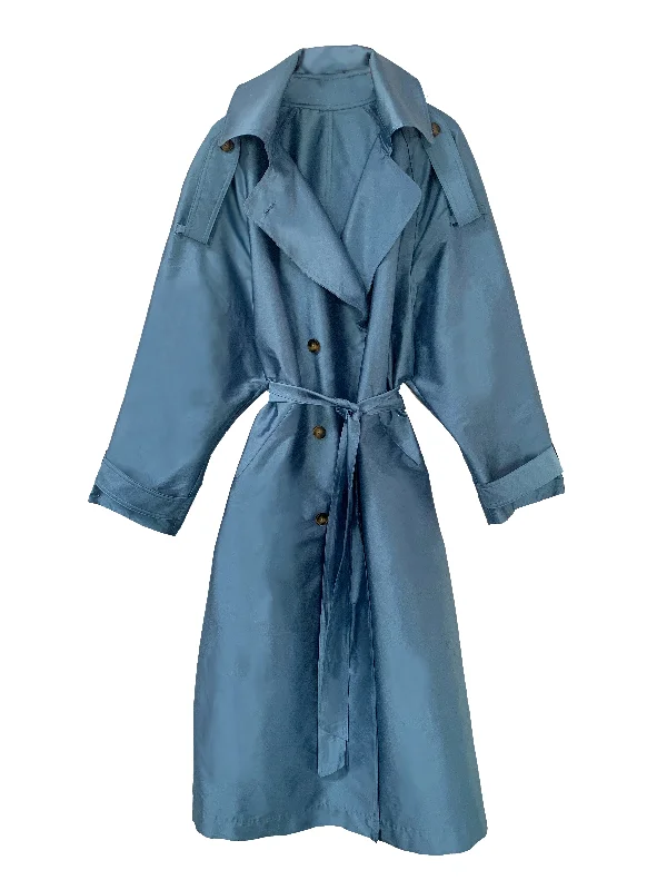 Delia Long Oversized Trench- Pale Blue Fashionable Pleated Trench Coat