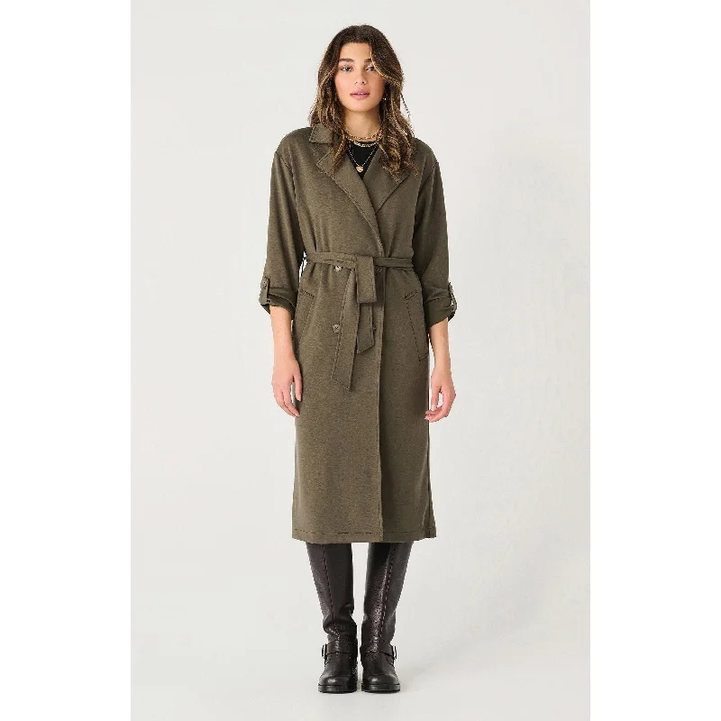 Dex Double Breasted Knit Trench Olive Casual Hooded Trench Jacket