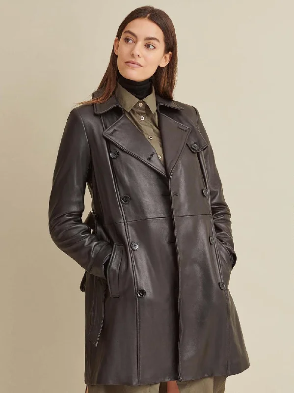 Double-Breasted Belted Leather Trench Coat Comfortable Wool Trench Jacket
