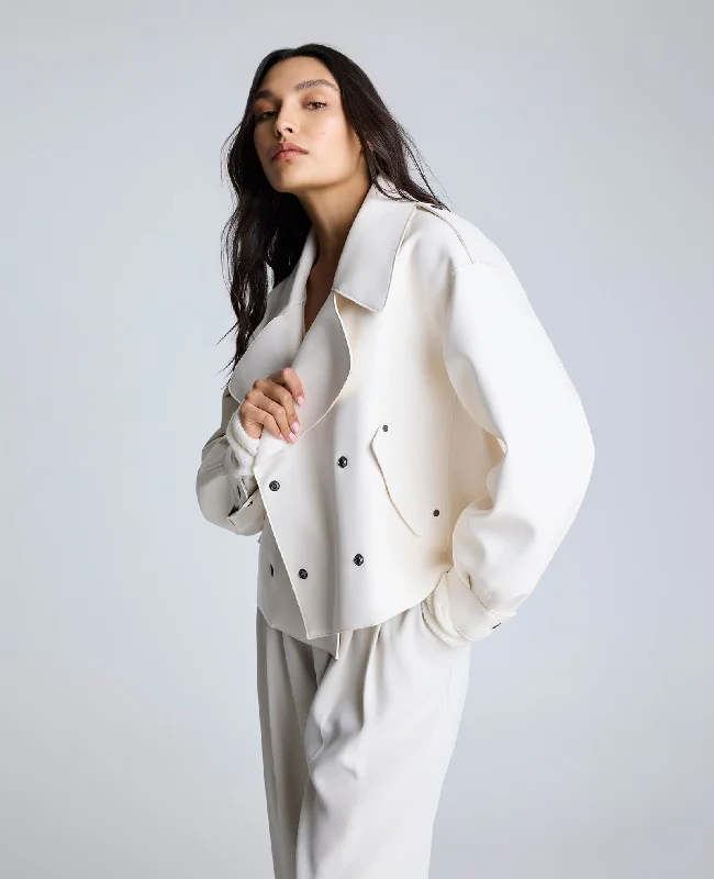 Faux Leather Snap Front Short Trench Trendy Long Wool Trench