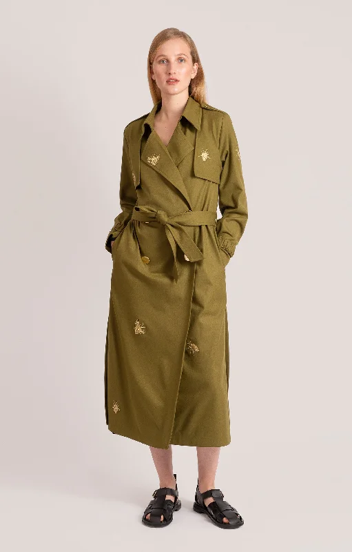 Glossata Trench Coat Stink Bugs Olive Green Warm Plaid Wool Trench