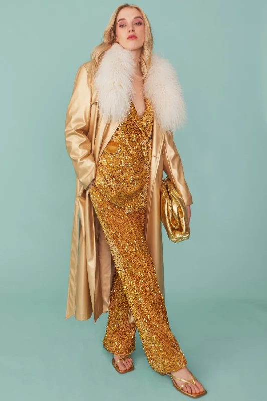 Gold Trench Coat with Belt and Mongolian Fur Collar Classic Trench Coat Outerwear