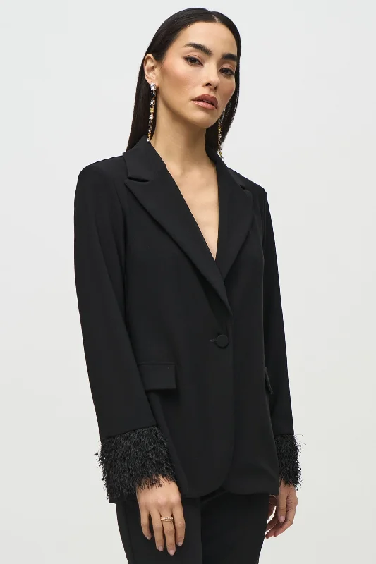 Joseph Ribkoff 244194 Black Silky Knit and Novelty Straight Blazer Women's Leather Blazer