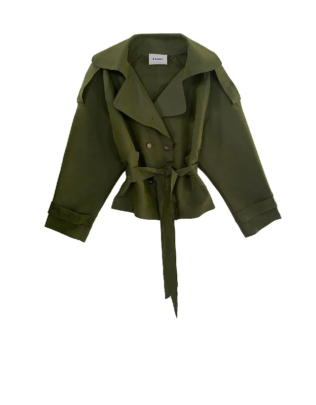 Julia Short Trench Coat- Army Dupioni Stylish Faux Leather Trench