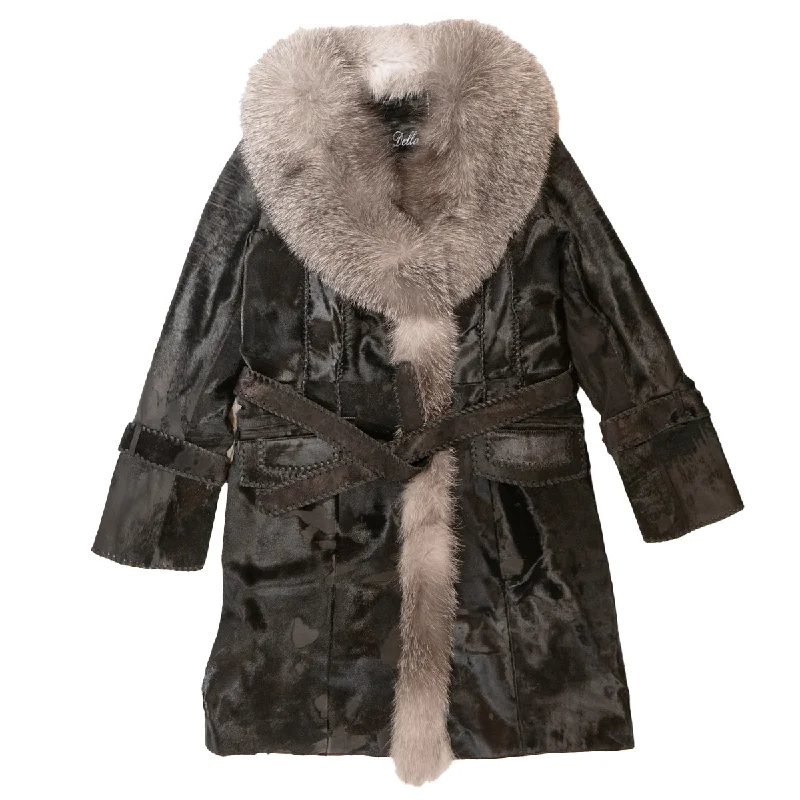 Kashani Women's Black Distressed Pony Hair Silver Fox Fur Trench Coat Trendy Oversized Trench Coat