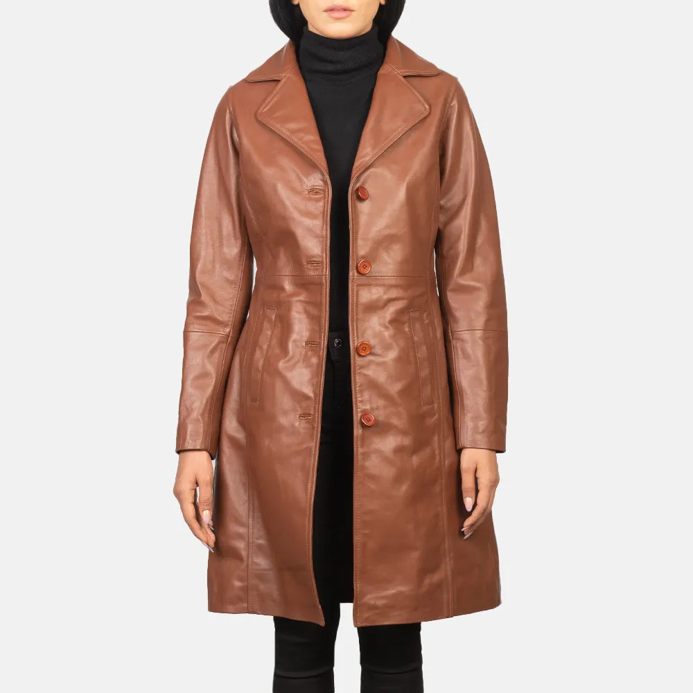 Brown Single Breasted Leather Trench Coat Women's Trendy Open Front Trench
