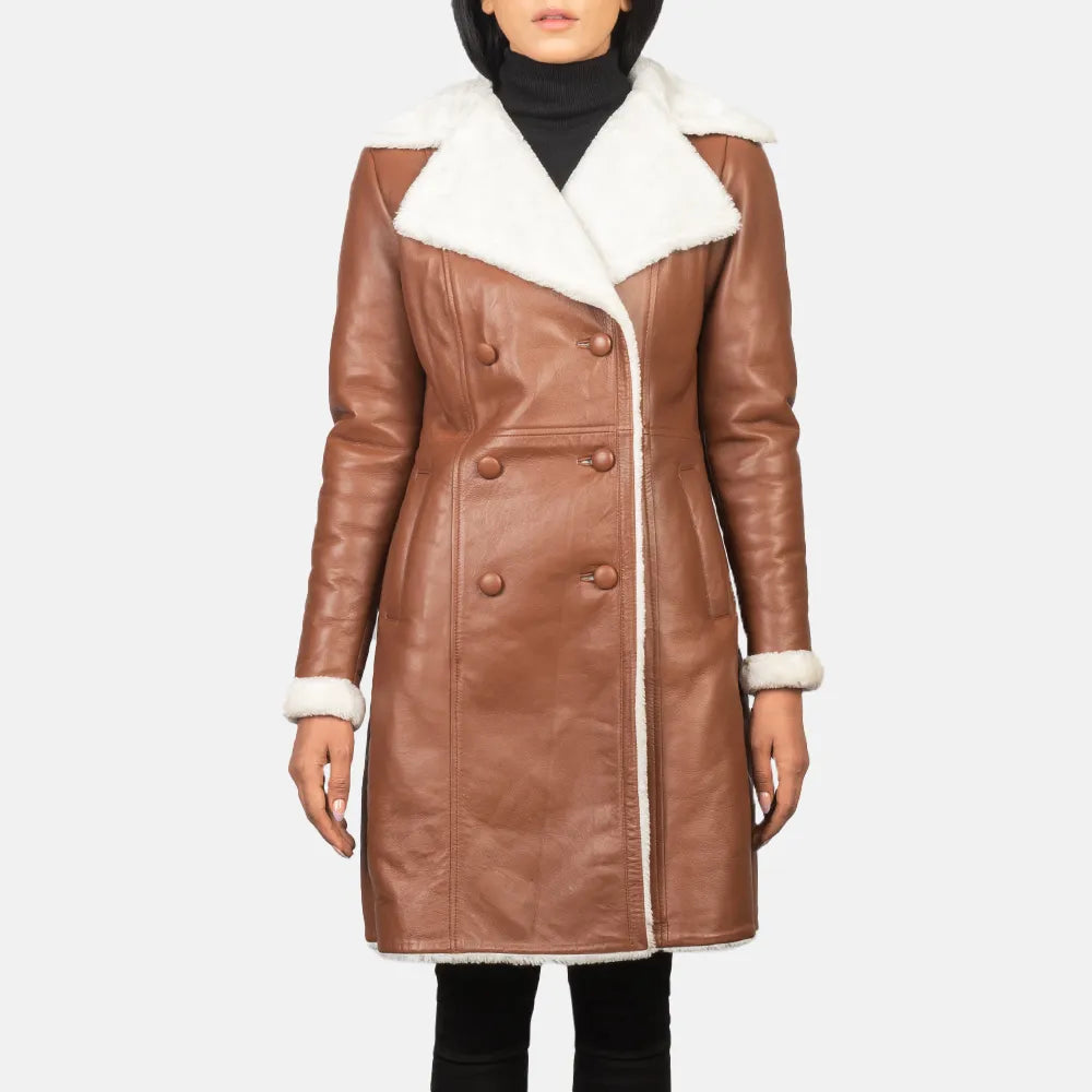 Brown Double Breasted Leather Trench Coat Comfortable Beige Trench Coat
