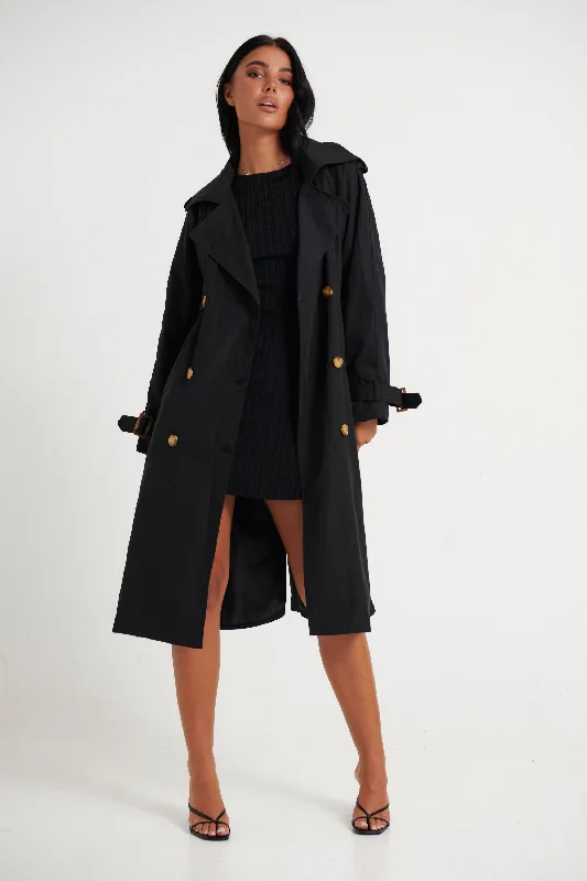 Lia Trench Black Comfortable Wool Trench Jacket