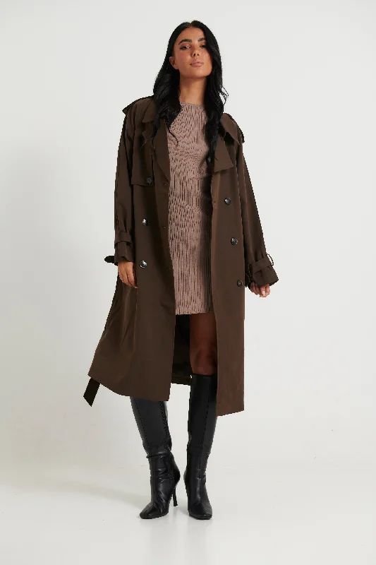 Lia Trench Dark Brown Trendy Wide-Collar Trench Coat