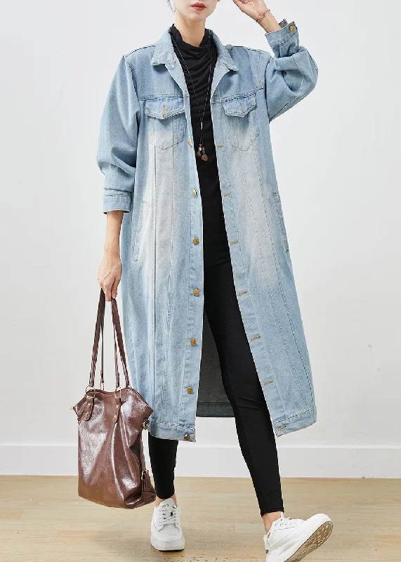 Light Blue Denim Trench Oversized Button Down Spring Fashionable Padded Trench Coat