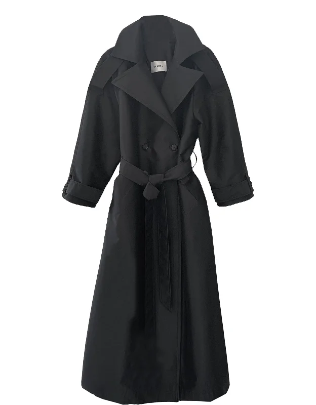 Delia Long Oversized Trench- Black Dupioni Modern Military Style Trench