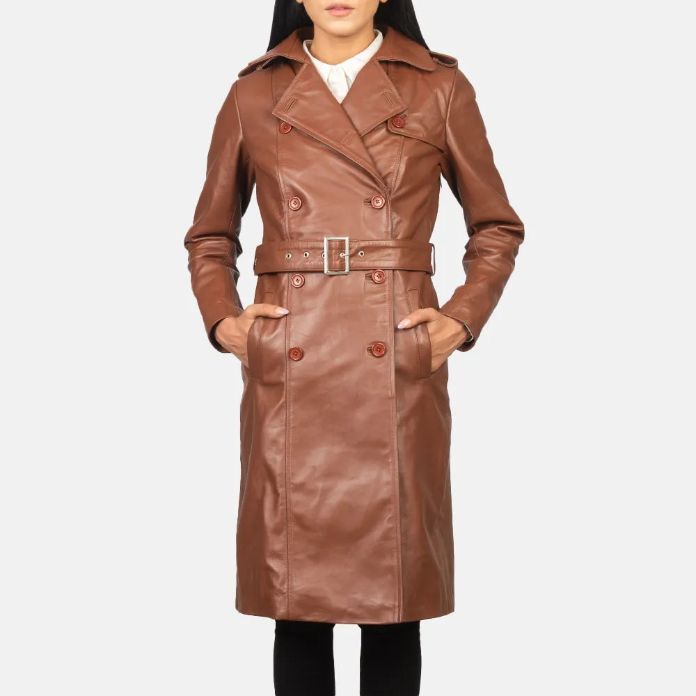 Brown Double Breasted Long Trench Coat Women Classic Belted Cotton Trench