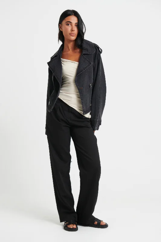 Luella Cropped Denim Trench Black Double-Breasted Belted Trench