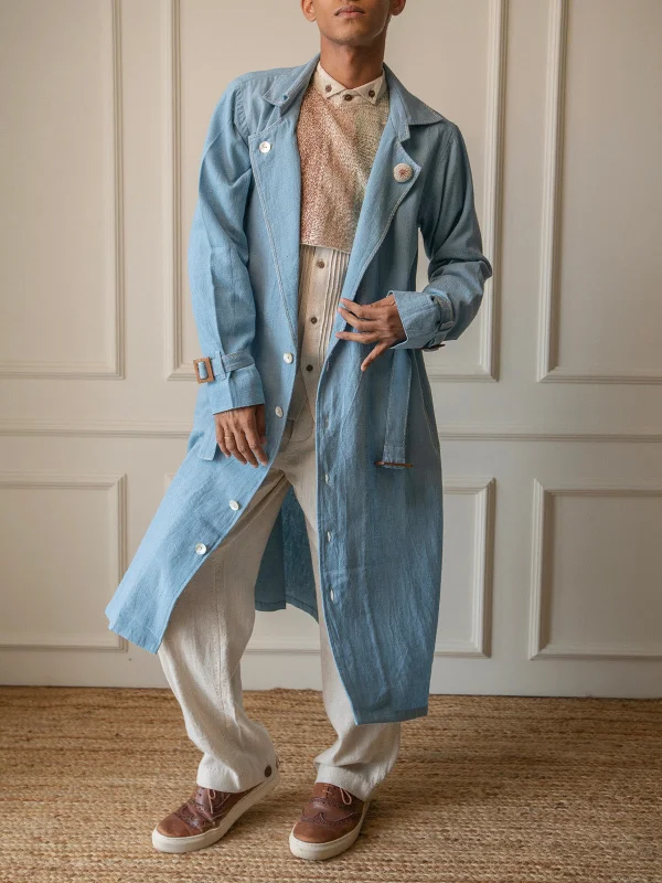 Materiality Unisex Deconstructed Trench Blue Classic Long Plaid Trench