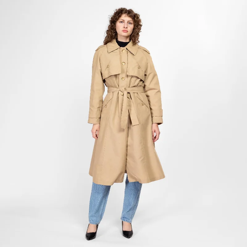 Medium 70s Khaki Belted Plaid Lined Trench Coat Trendy Long Wool Trench