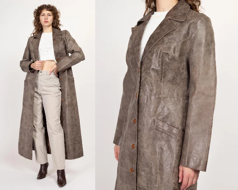 Medium 90s Faded Taupe Leather Trench Coat Size 10 Classic Military Trench Coat