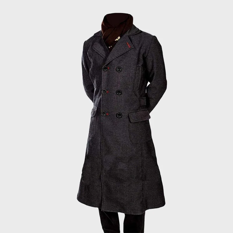 Men's Black Sherlock Holmes Wool Trench Coat Stylish Hooded Trench Coat