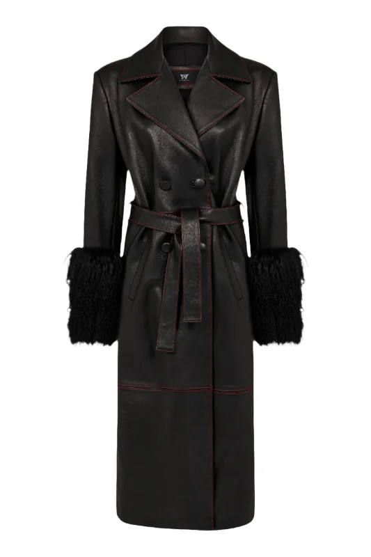 MIDNIGHT LEATHER TRENCH  W //  RED CONTRAST STITCH Fashionable Long Wool Trench