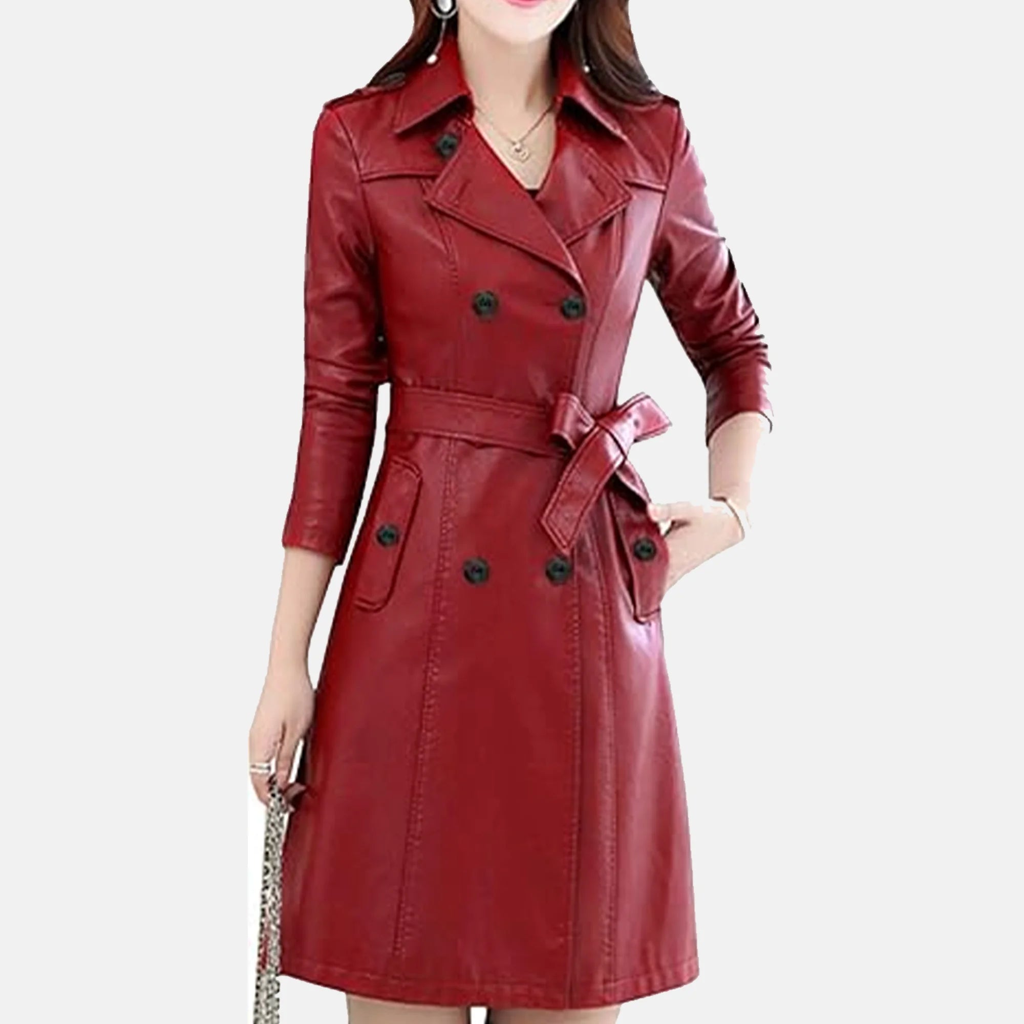 Mirella Women Leather Trench Coat Double-Breasted Military Trench Coat