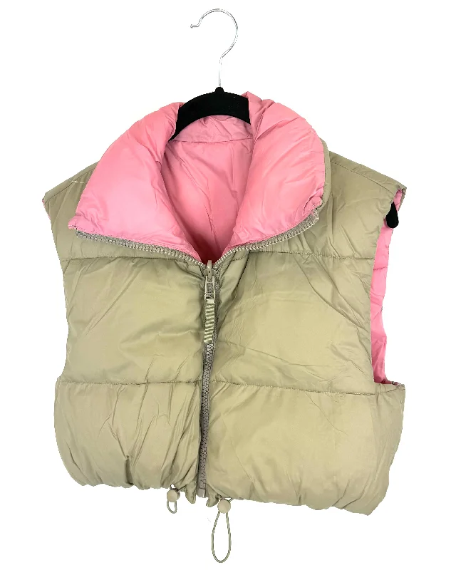 Pink and Tan Reversible Puffer Vest - Small