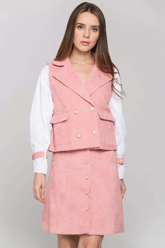 Pink Chord and White Sleeves Blazer and Skirt Set Women's Trendy Jacket