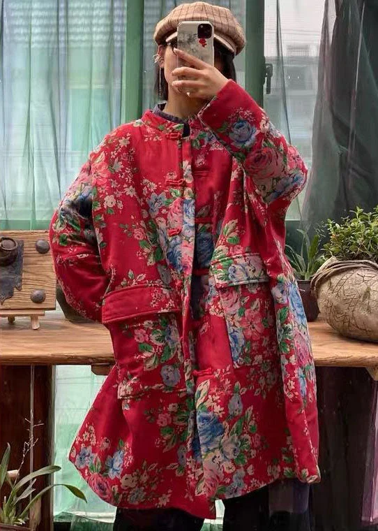 Plus Size Red Stand Collar Pockets Print Fine Cotton Filled Trench Coat Winter Elegant Long Trench Jacket