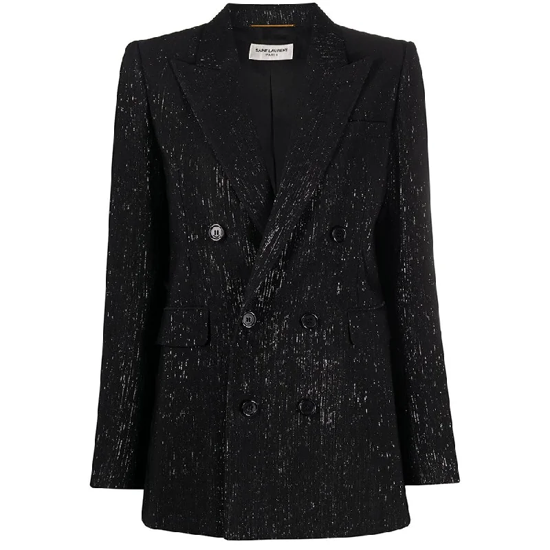 Saint Laurent Women's Lamé Metallized Fiber Blazer Black Silver Women's Boutique Jacket