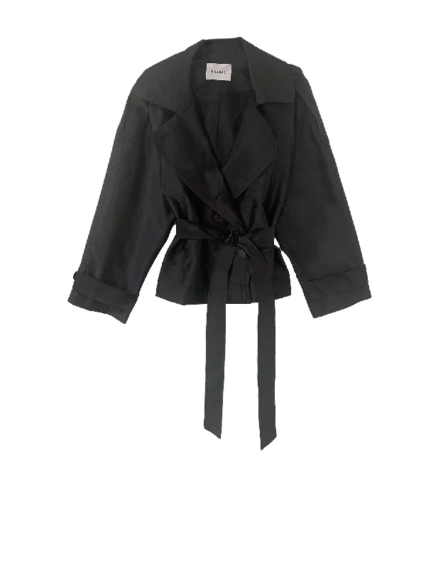 Julia Short Trench Coat- Black Dupioni Trendy Wide-Cuff Trench Coat