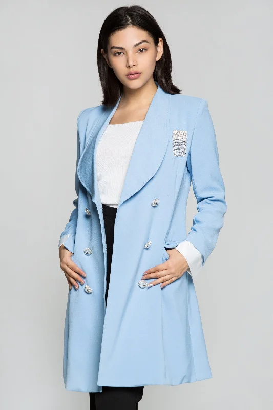 Sky Blue Double Breasted Diamond Encrusted Blazer Dress Women's Fashion Blazer